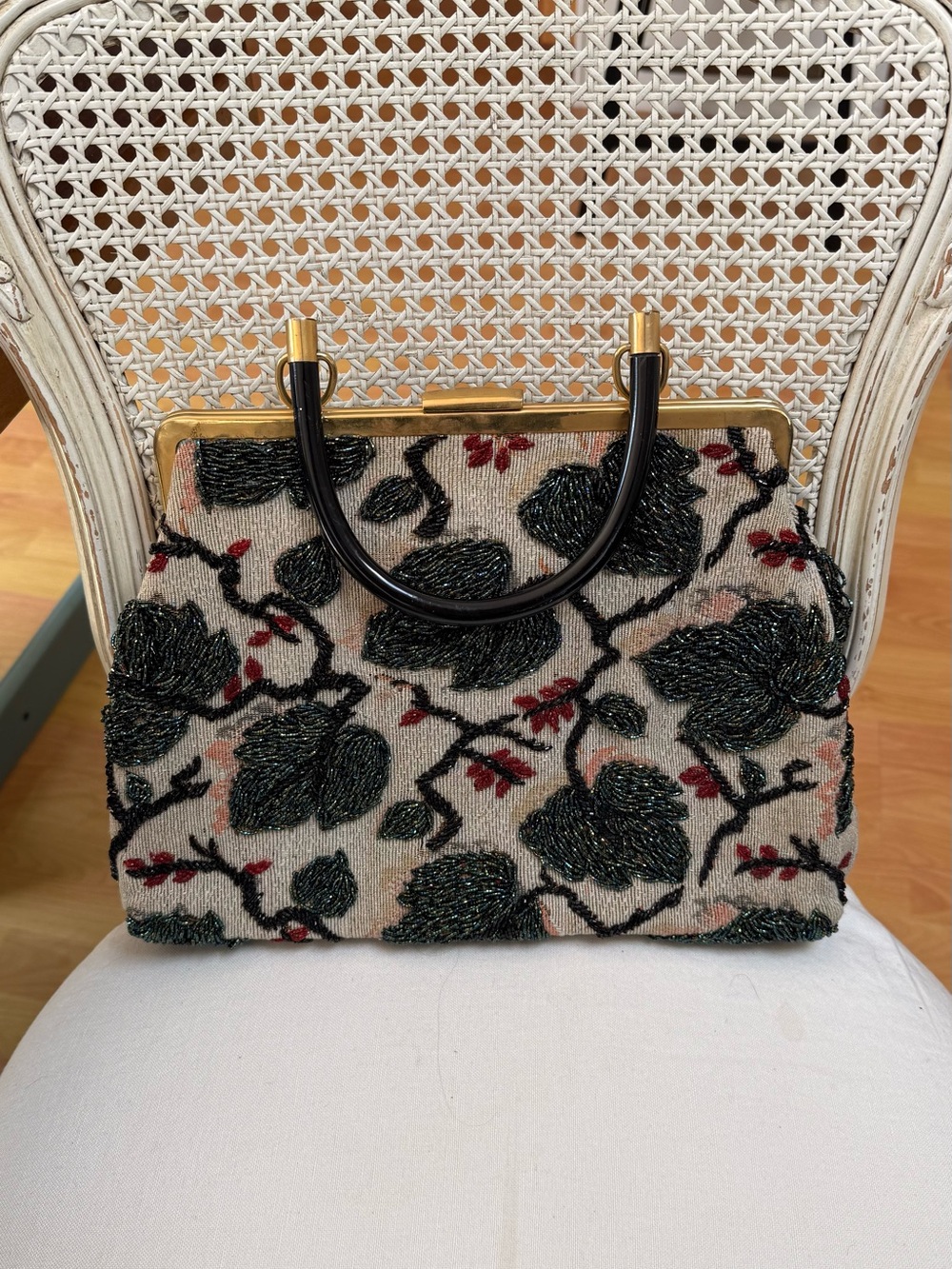 Vintage Beaded Floral Top-Handle Bag in Cream and Black